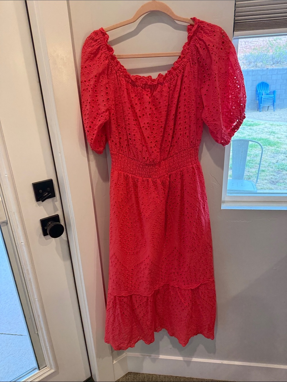 Betsey Johnson Coral Eyelet Puff-Sleeve Midi Dress
